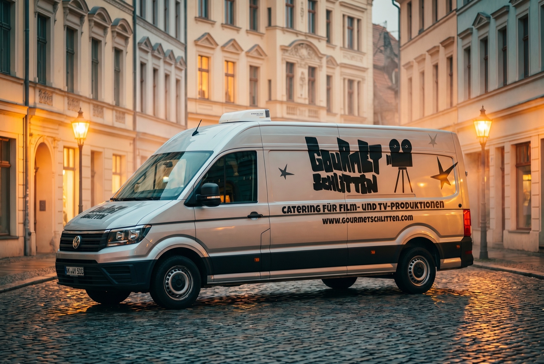 VW Crafter Begleitfahrzeug des Gourmetschlitten in Potsdam bei Dämmerung