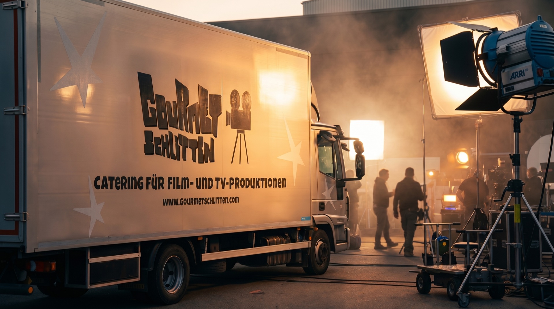 Der Gourmetschlitten Küchen-LKW am Filmset im goldenen Abendlicht